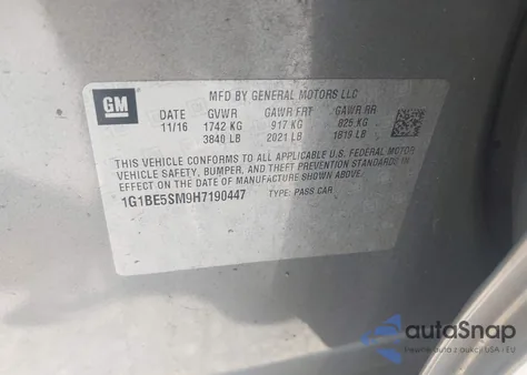 2017 Chevrolet Cruze Lt Auto z USA, uszkodzony, nr VIN 1G1BE5SM9H7190447